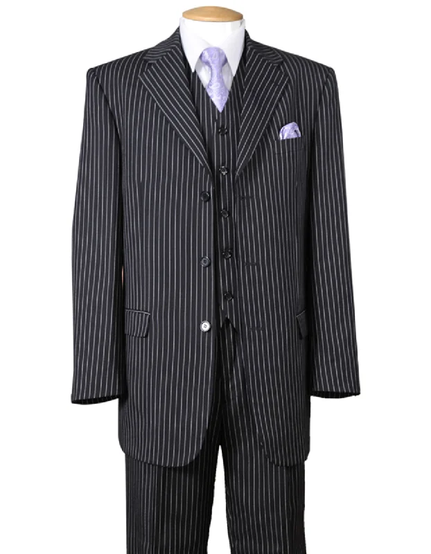 Mens 2 Button Notch Lapel Bold Pinstripe Gangster Suit in Black - Available in Two Buttons Style Flat Front Pants Modern Fit now