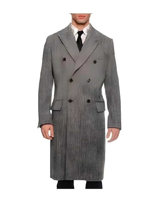 Mens Overcoat - Topcoat For Men - Winter Fabric - Men's Dress Coat Double Breasted Black ~ White Six Button Gray Herringbone Tweed Overcoat Full length