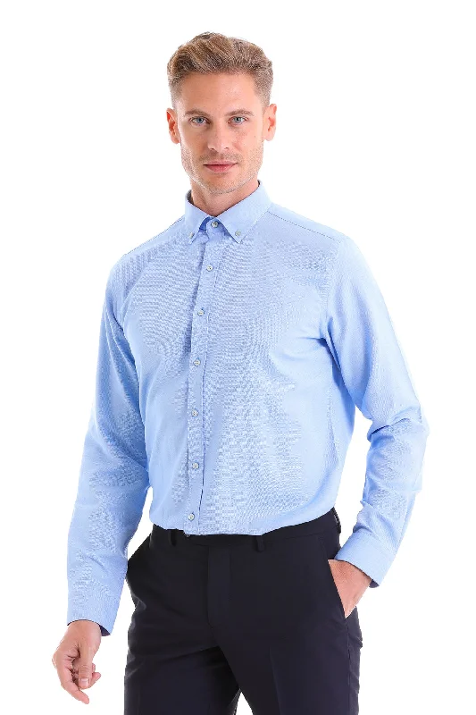 Comfort Fit Button-Down Cotton Blend Blue Casual Shirt