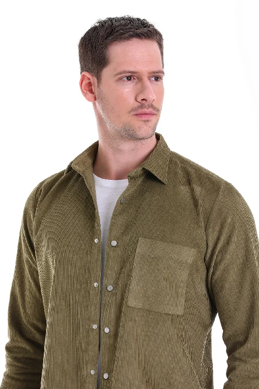 Comfort Fit Velvet Long Sleeve Cotton Khaki Casual Shirt