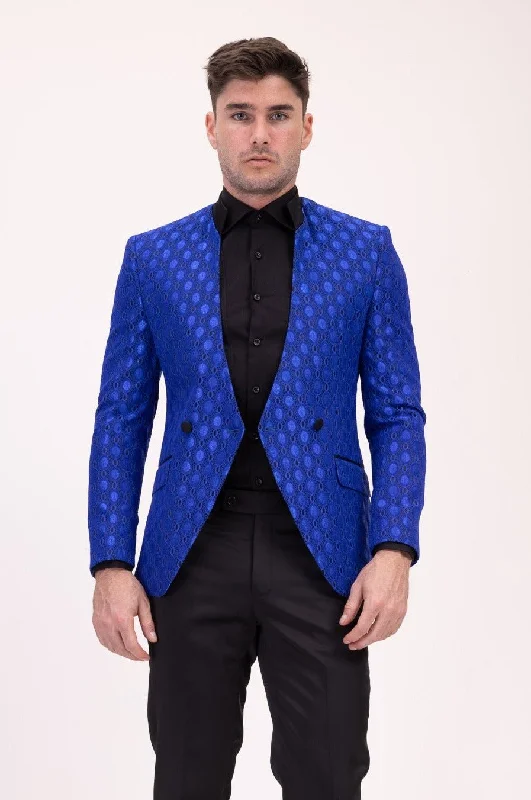 Stand Collar Symmetric Wrap Tuxedo Jacket - Blue