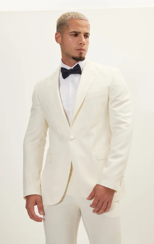 Super 180S Wool & Silk Single Breasted Tuxedo Suit - Off White