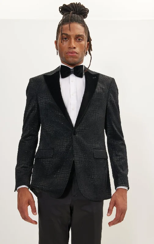 Curved Space Velvet Flocking Tuxedo Jacket -  Black