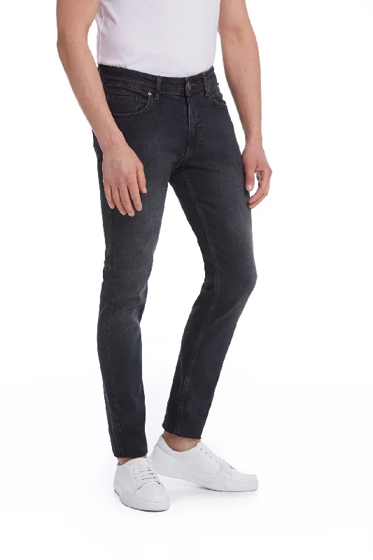 Slim Fit 5 Pocket Low Waist Unpleated Cotton Blue Denim, Charcoal