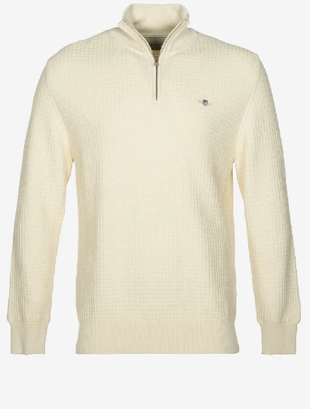 Cotton Textured Half Zip Cream