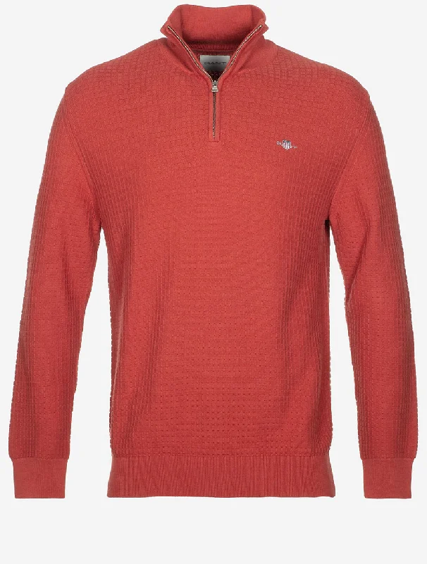 Cotton Textured Half Zip Iron Red