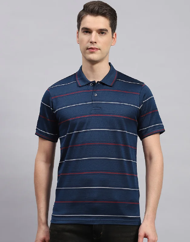 Men Navy Blue Stripe Polo Collar Half Sleeve T-Shirt