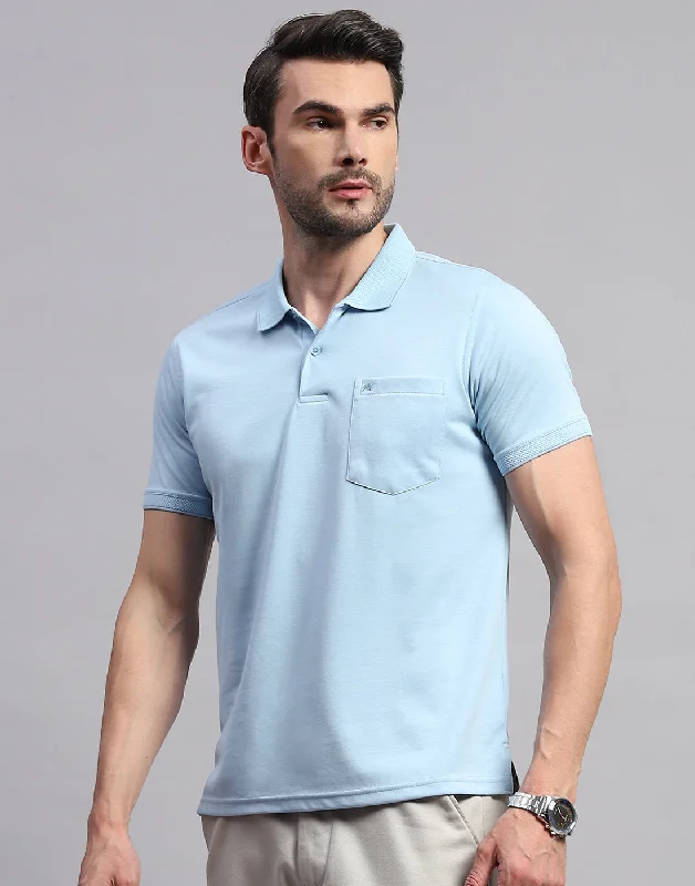 Men Sky Blue Solid Polo Collar Half Sleeve T-Shirt