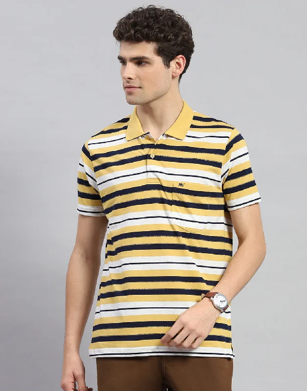 Men Yellow Stripe Polo Collar Half Sleeve T-Shirt