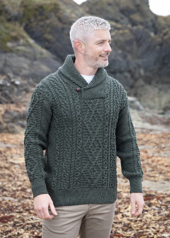 Aran Shawl Neck Army Green Sweater