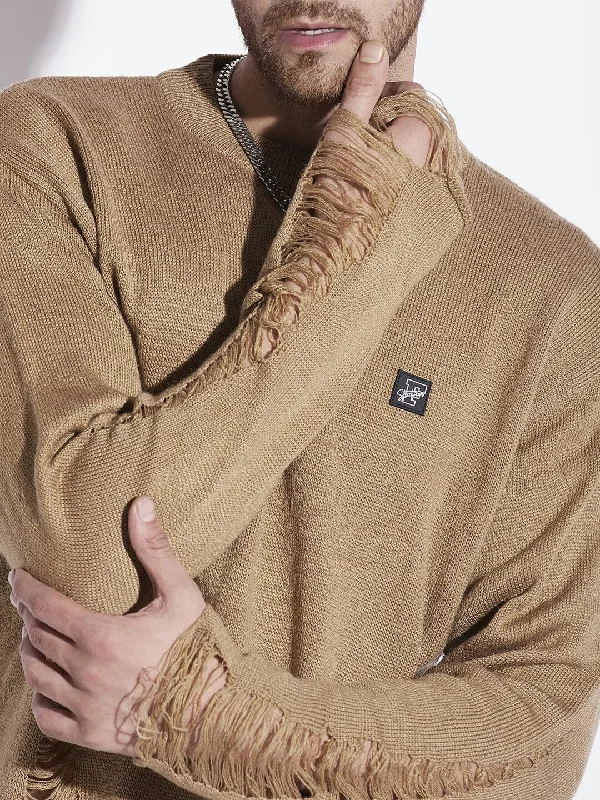 Beige Damaged Raw Edge Sweater